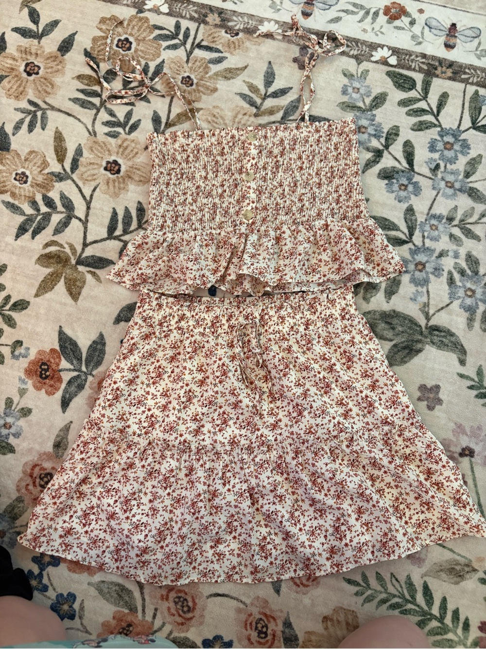 Paper Crane Cream Floral Smocked skirt set